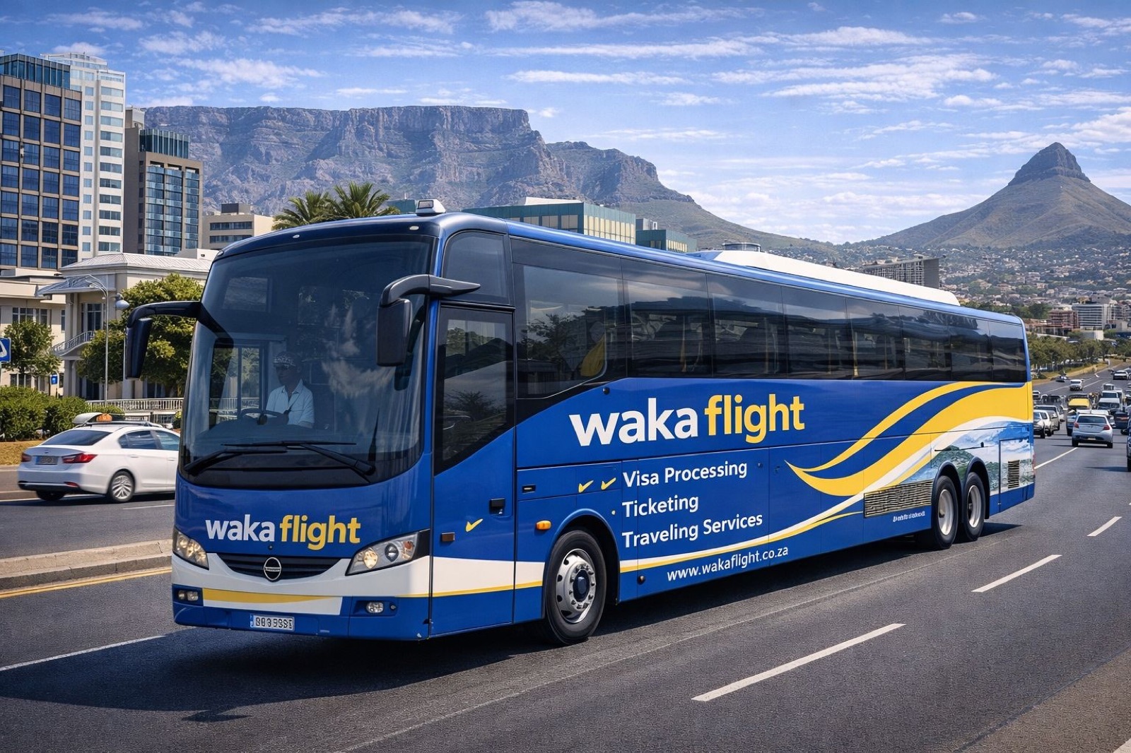 A Waka Flight bus on the highway
