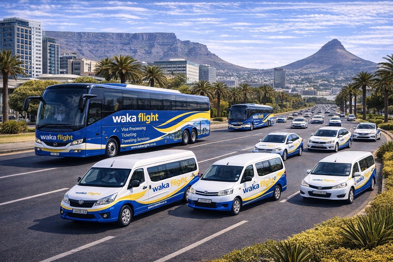 Waka Flight buses on a Cape Town road