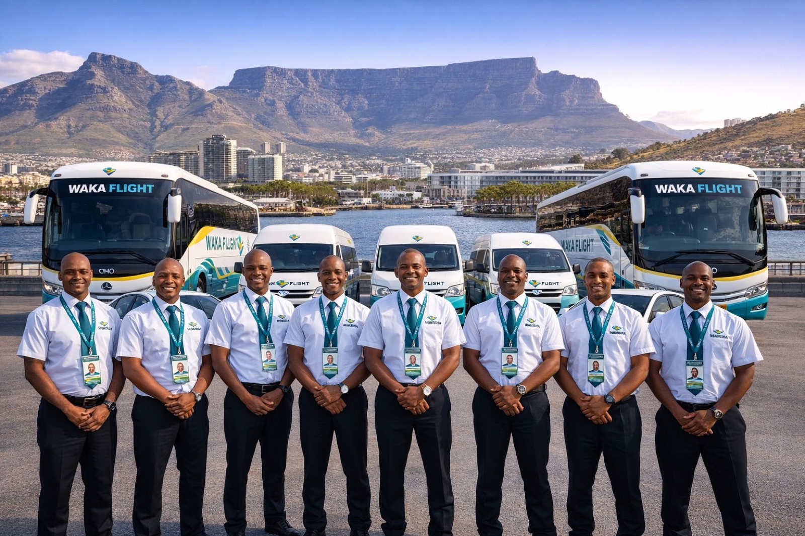 The Waka Flight team standing in front of branded buses with Table Mountain behind them